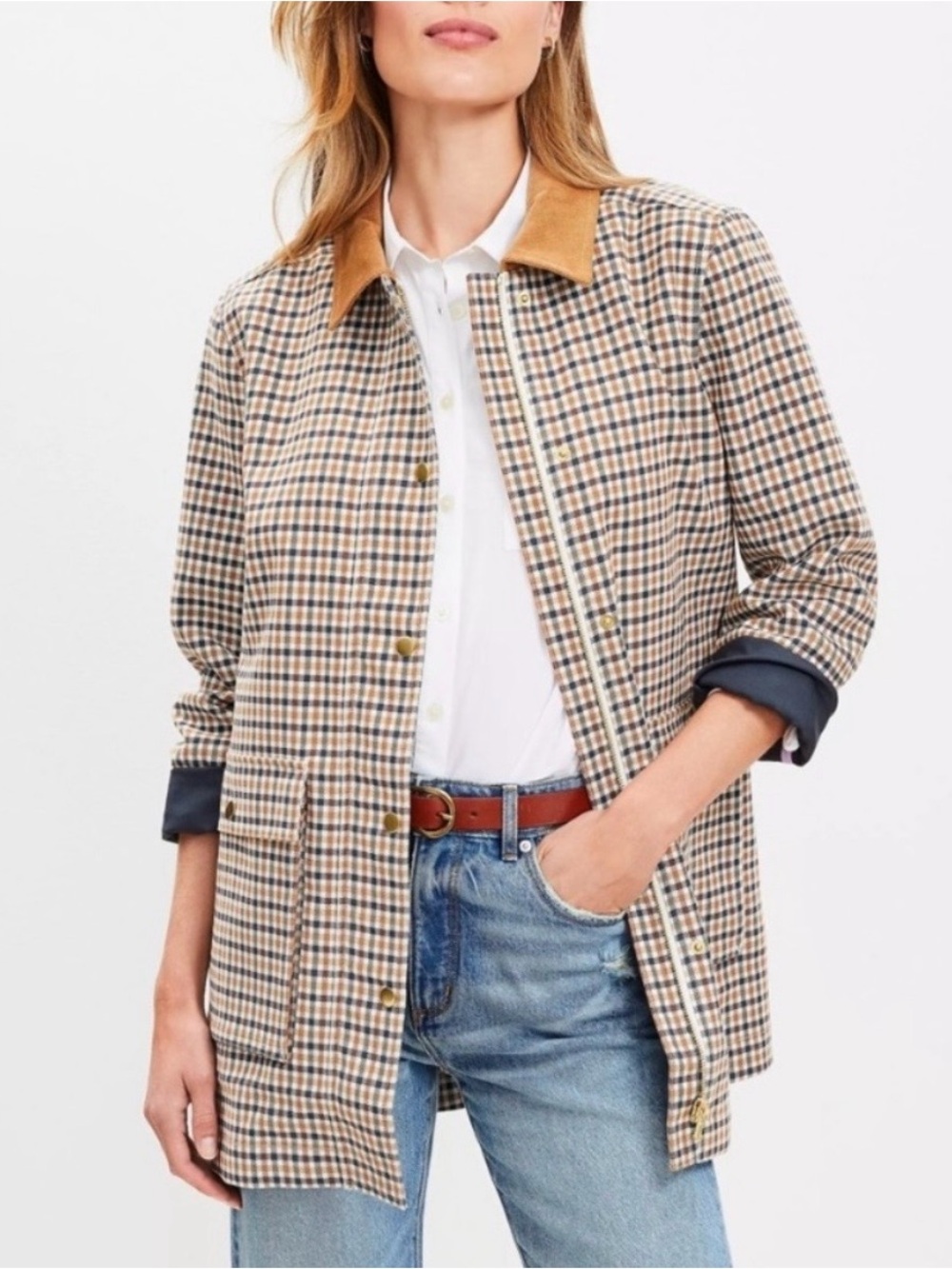 LOFT Tan & Navy Checked Utility Jacket with Contrast Camel Collar